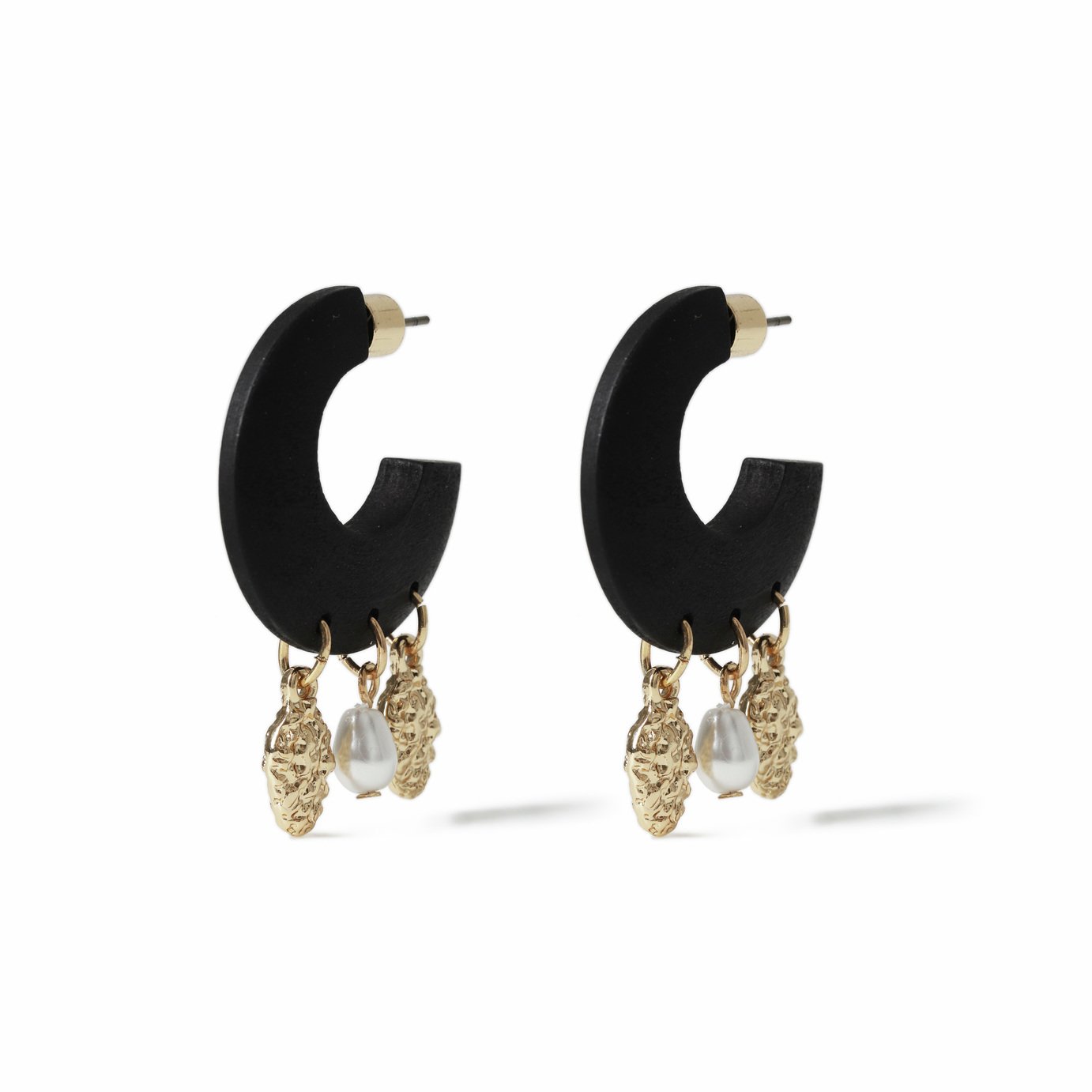Freedom Gold Charms and Pearl Black Thick Hoop Earrings