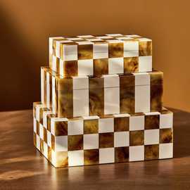 Habitat Checkered Set of 3 Trinket Boxes - Brown & Cream