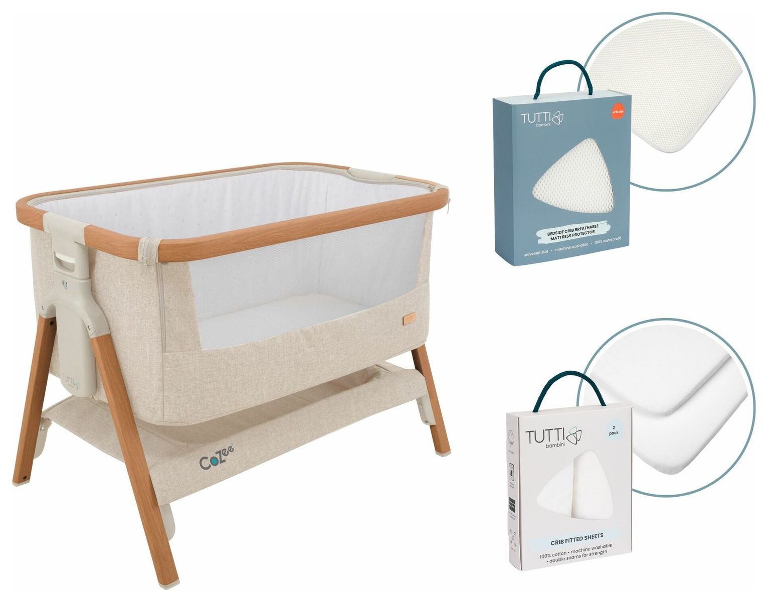 Tutti Bambini Cozee Bundle Walnut Bedside Crib-White 