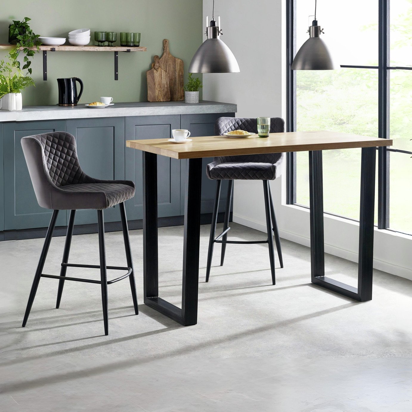 Julian Bowen Brooklyn Natural Bar Table & 2 Grey Stools