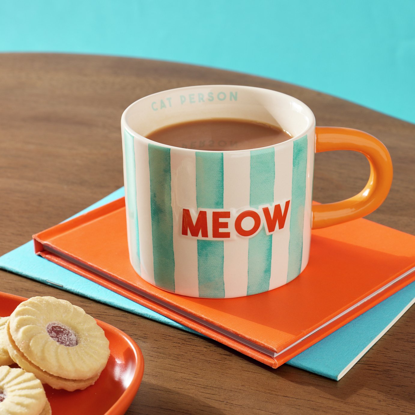 Argos Home Mint Green Stripes Meow Decal Stoneware Mug - 320ml