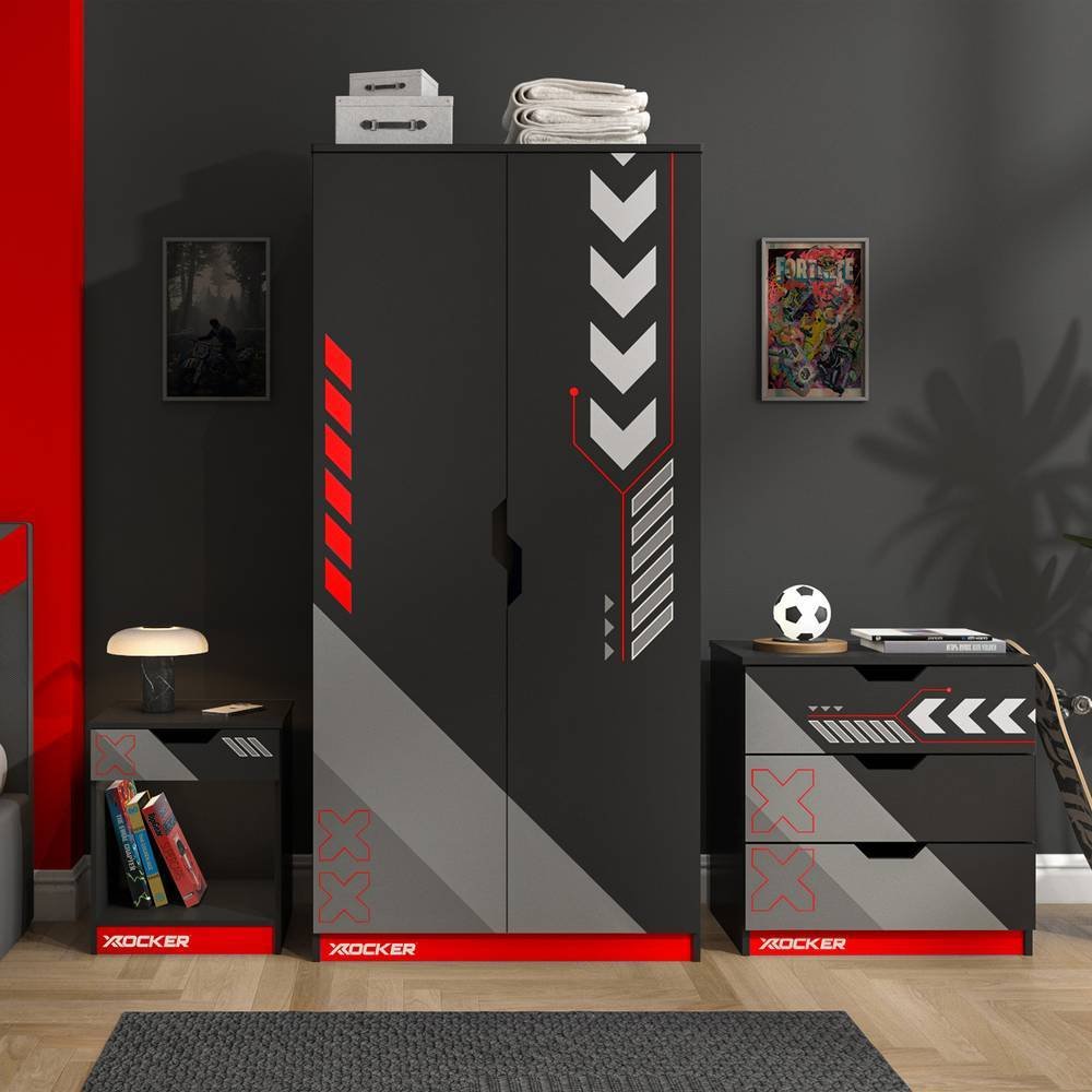 X Rocker Octane 3 Piece 2 Door Wardrobe Set - Red