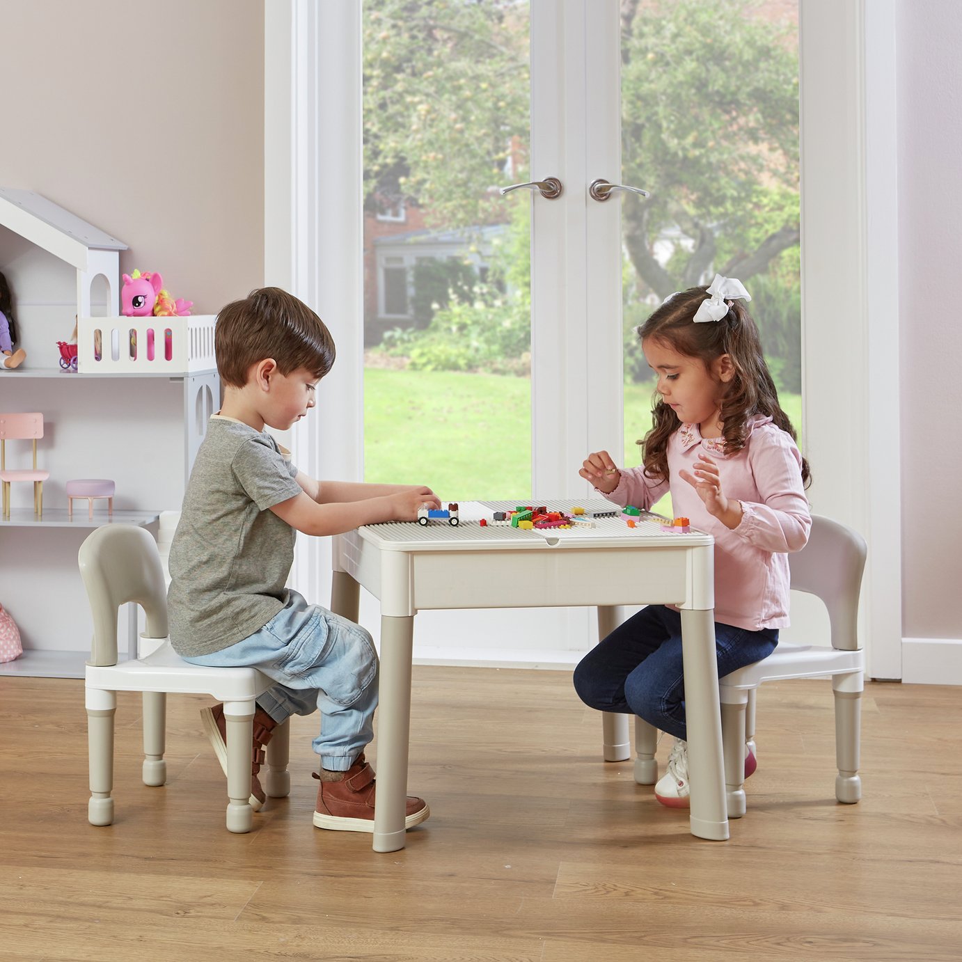 Liberty House Toys Kids 5-in-1 Table & 2 Chairs-White & Grey
