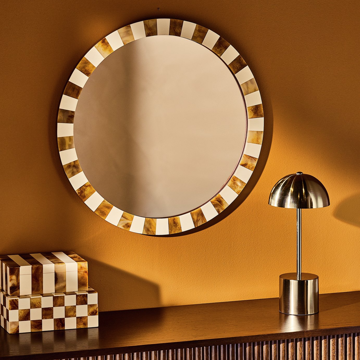 Habitat Checkered Brown Resin Round Wall Mirror - 50cm