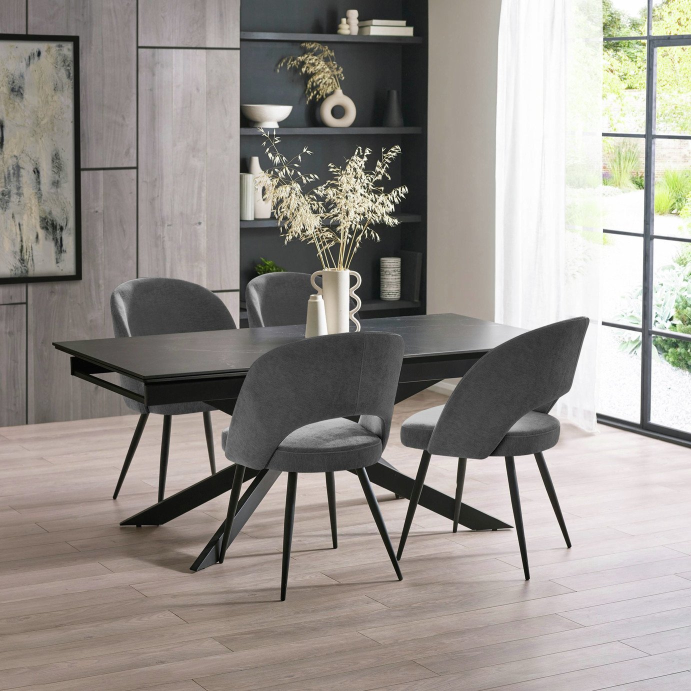 Julian Bowen Osaka Ext Black Dining Table & 4 Grey Chairs