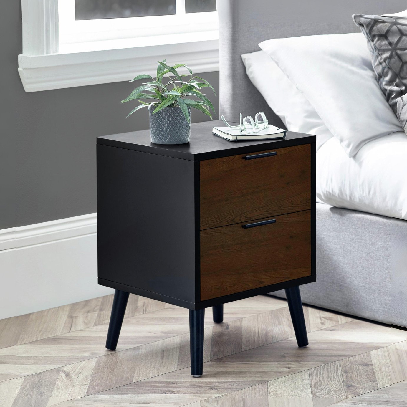 Julian Bowen Alba 2 Drawer Bedside Table - Walnut and Black