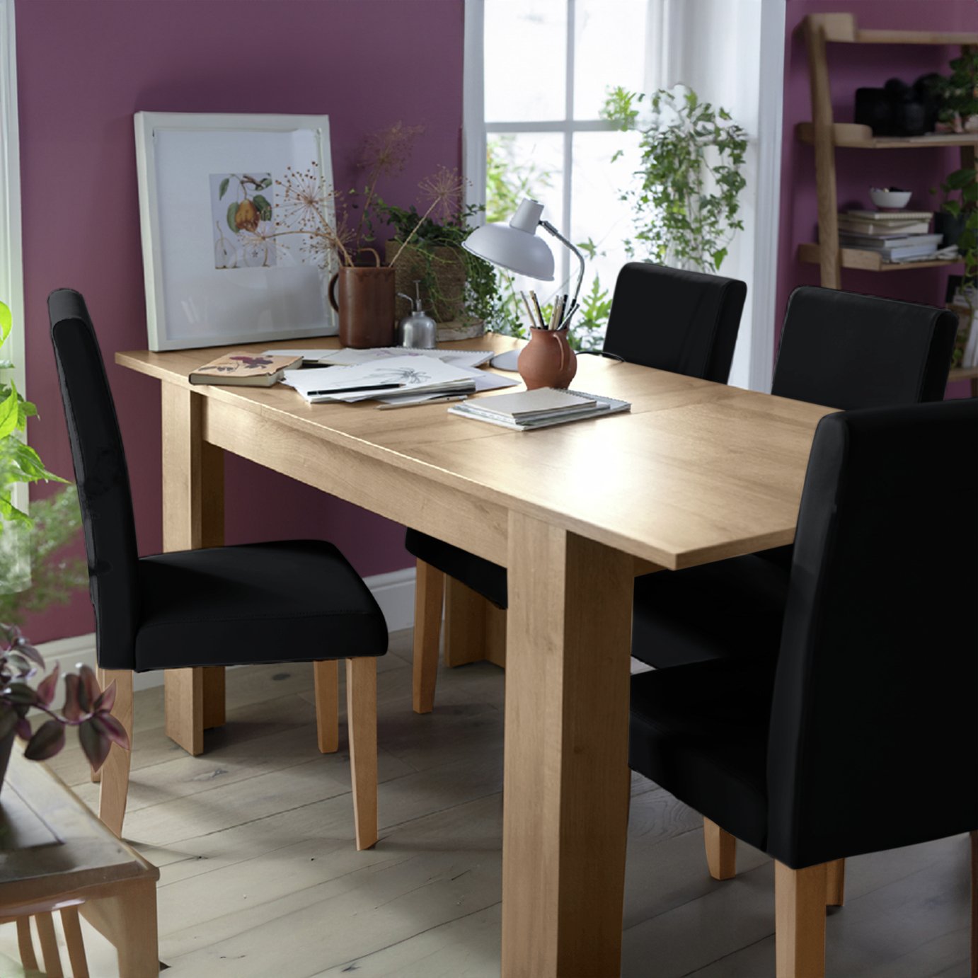 Argos Home Miami Extending Oak Dining Table & 4 Black Chairs