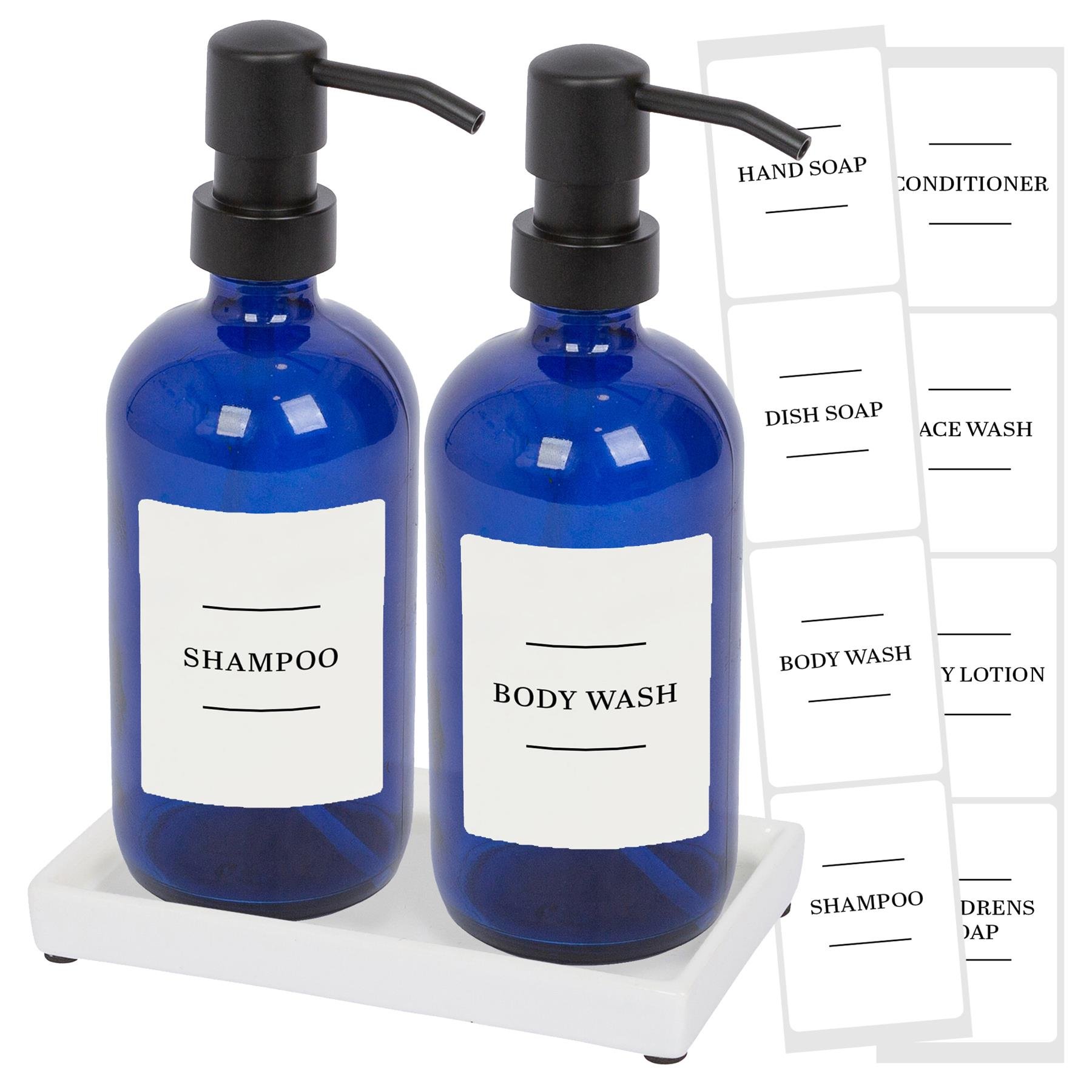 Harbour Housewares 2pc Soap Dispenser Set & Labels  - Blue/White