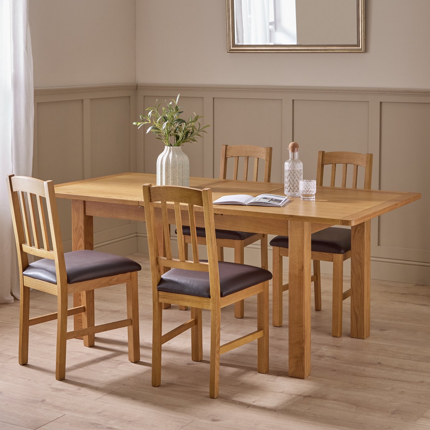 Argos Home Ashwell Extend Oak Dining table & 4  Brown Chairs