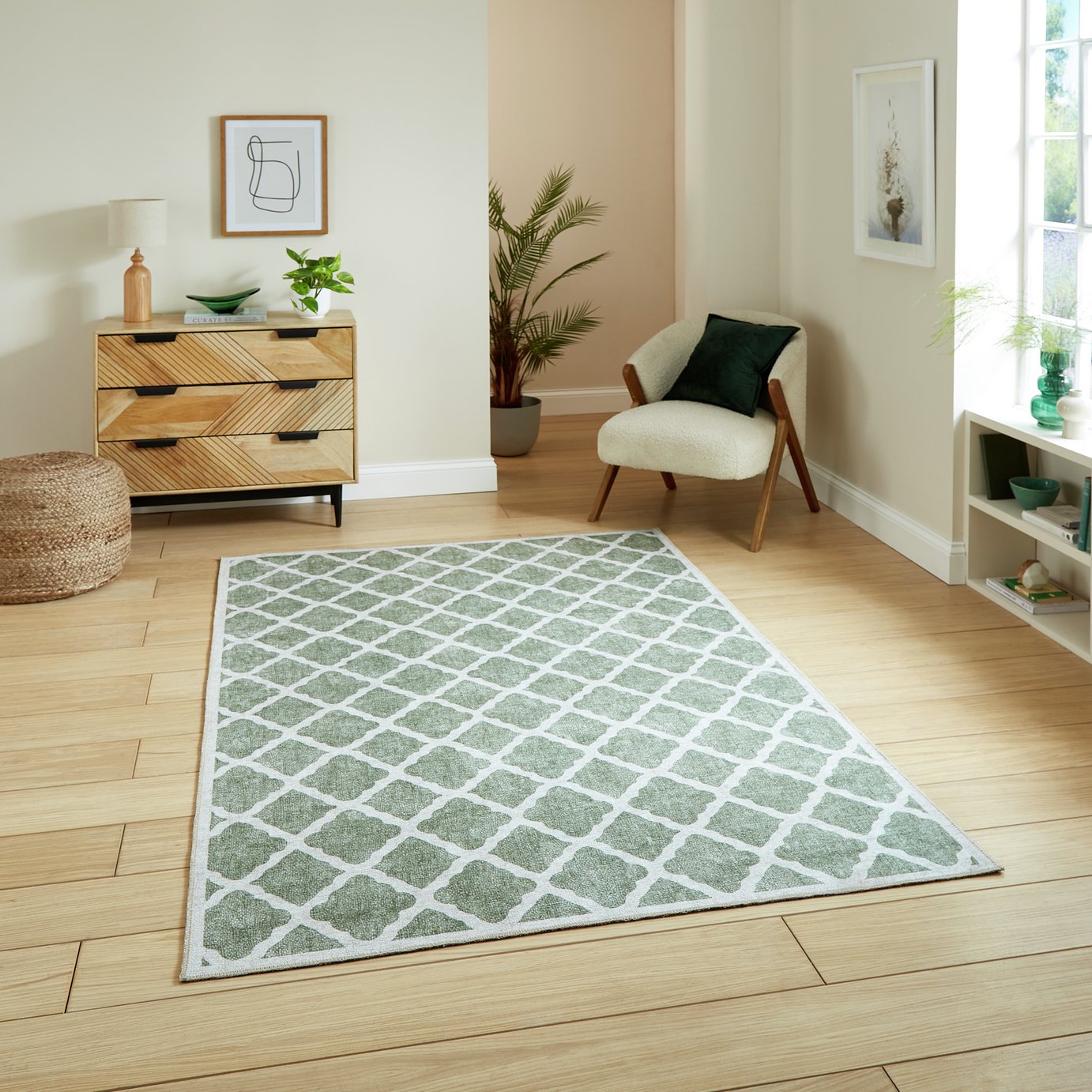 Think Rugs Washable Coral Green Flatweave Rug