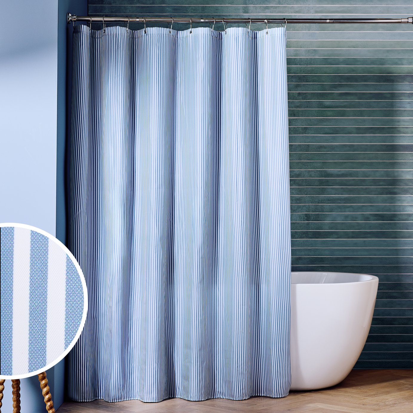 Argos Home Coastal Stripe Antibacterial Shower Curtain- Blue & White