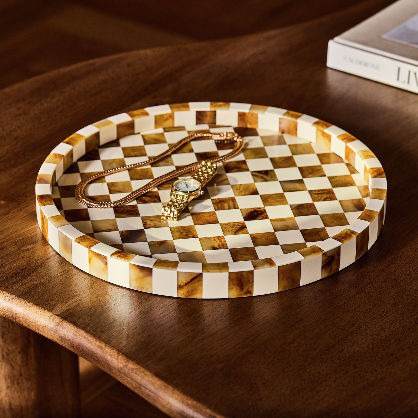 Habitat Checkered Resin Brown & White Round Trinket Tray