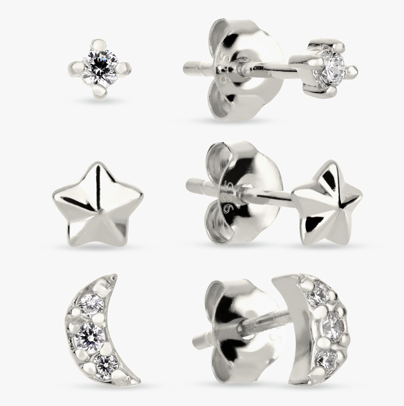 Revere Sterling Silver Moon and Star Stud Earrings- Set of 3