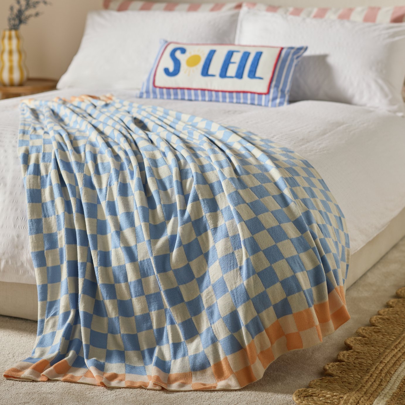 Argos Home Checkerboard Knitted Throw - Blue - 150x125cm