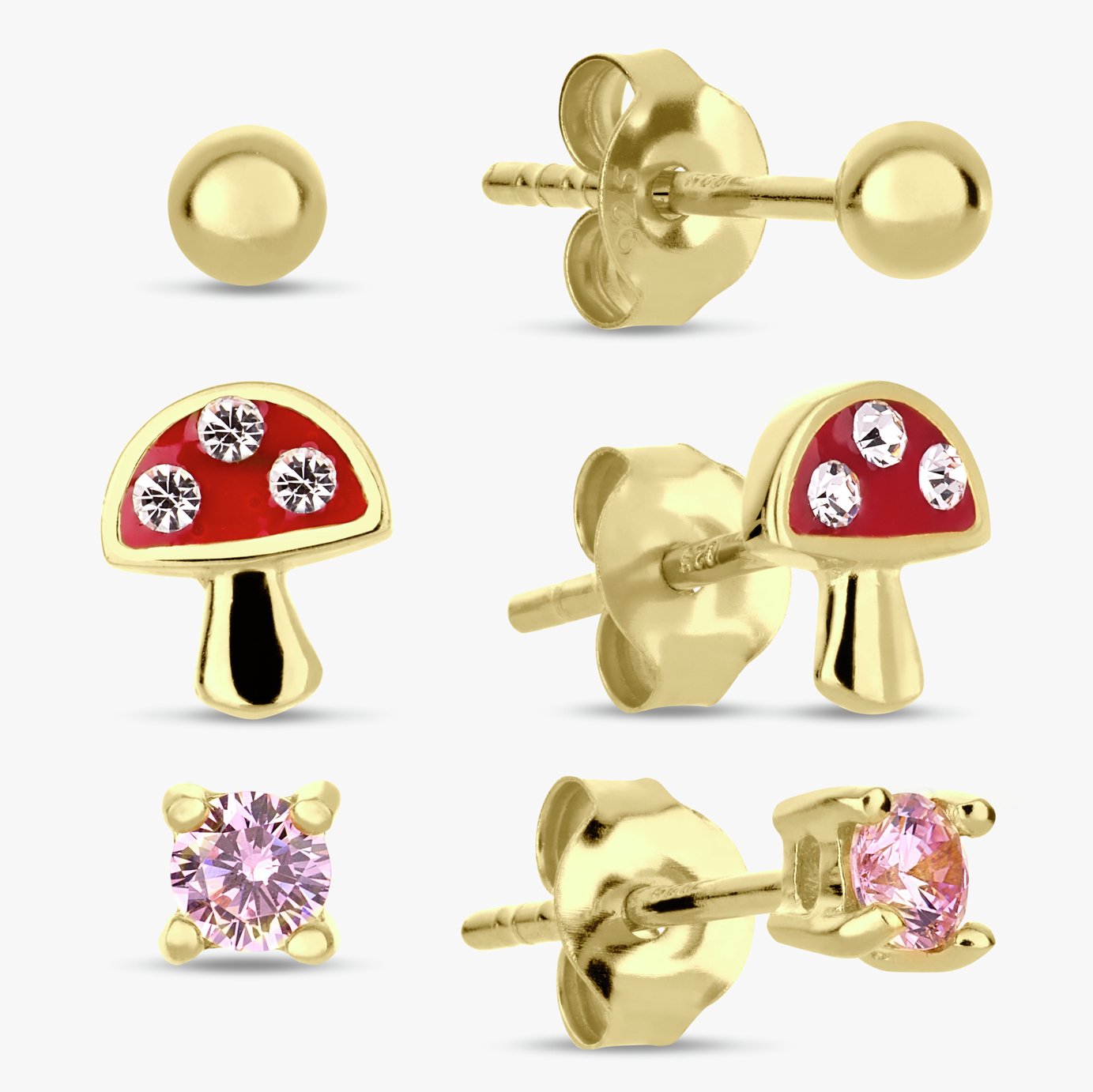 Revere Kids Gold Plated Silver Stud Earrings - Set of 3