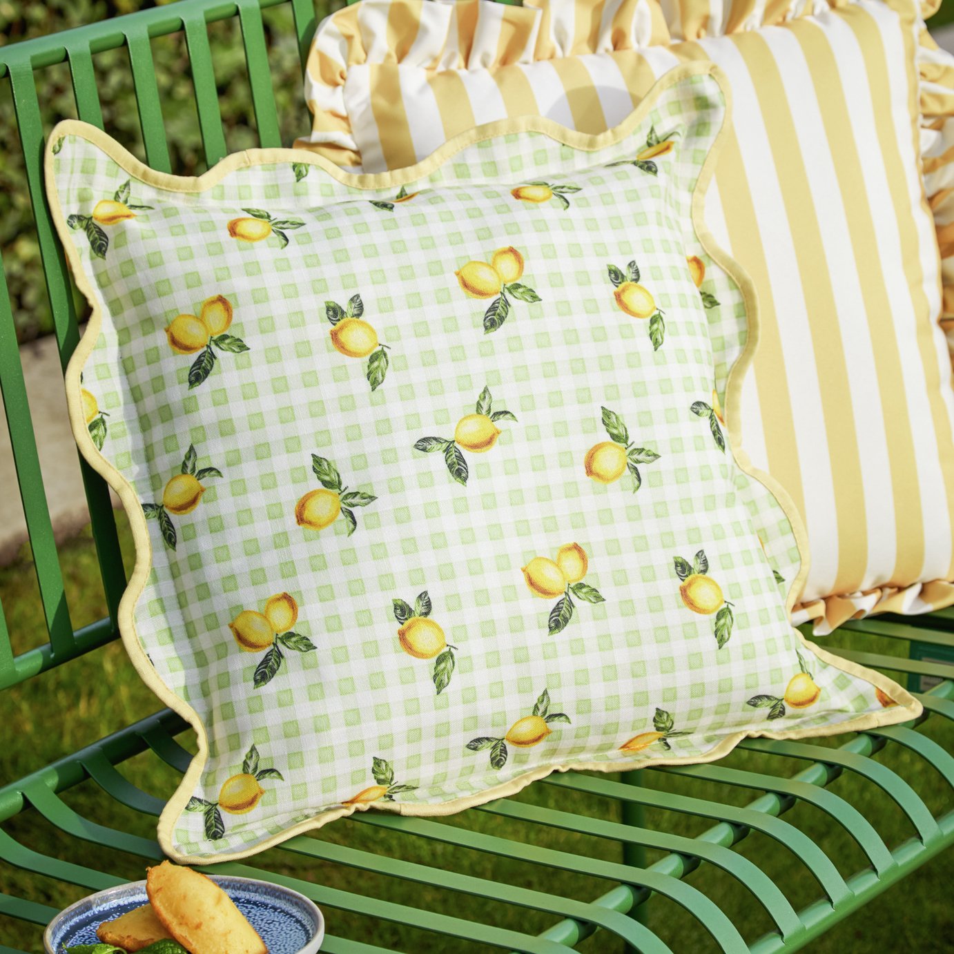 Furn Lemons Check Outdoor Cushion - Sage Green