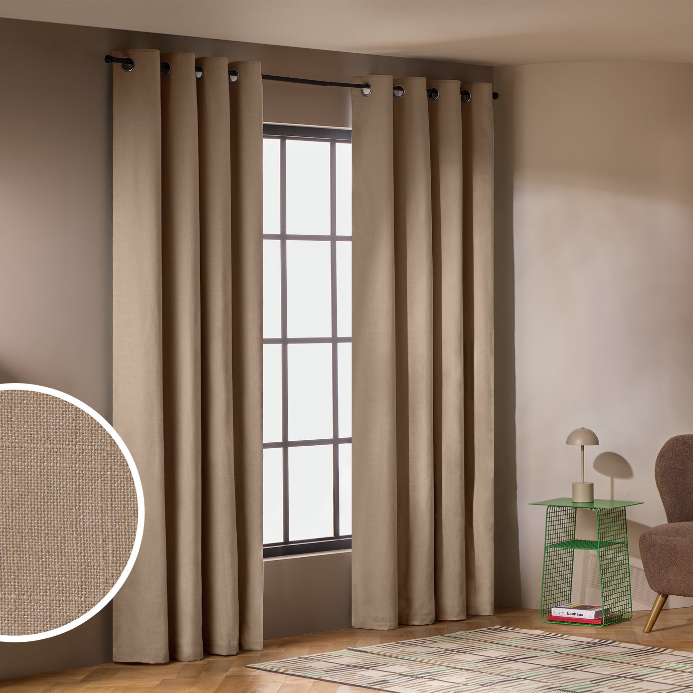 Habitat With Linen Blackout Eyelet Curtains-Stone- 229x183cm