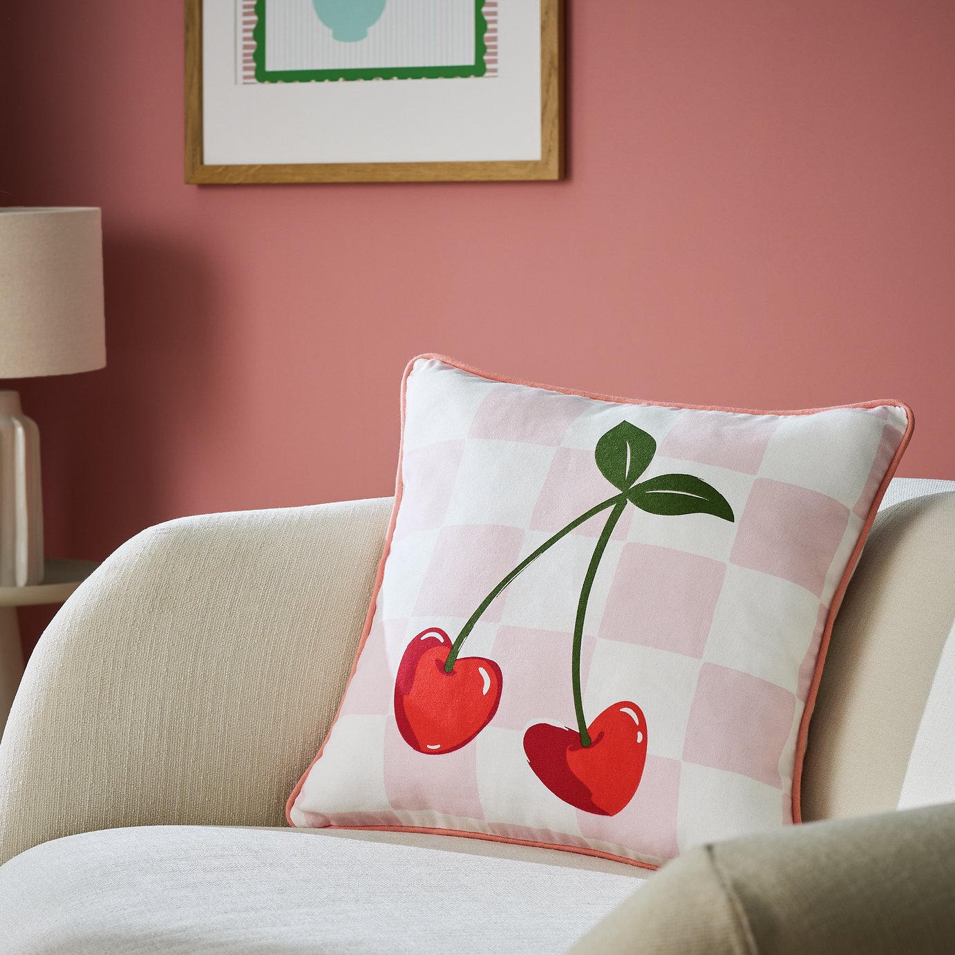 Argos Home Cherry Checkerboard Printed Cushion Pink - 43x43cm