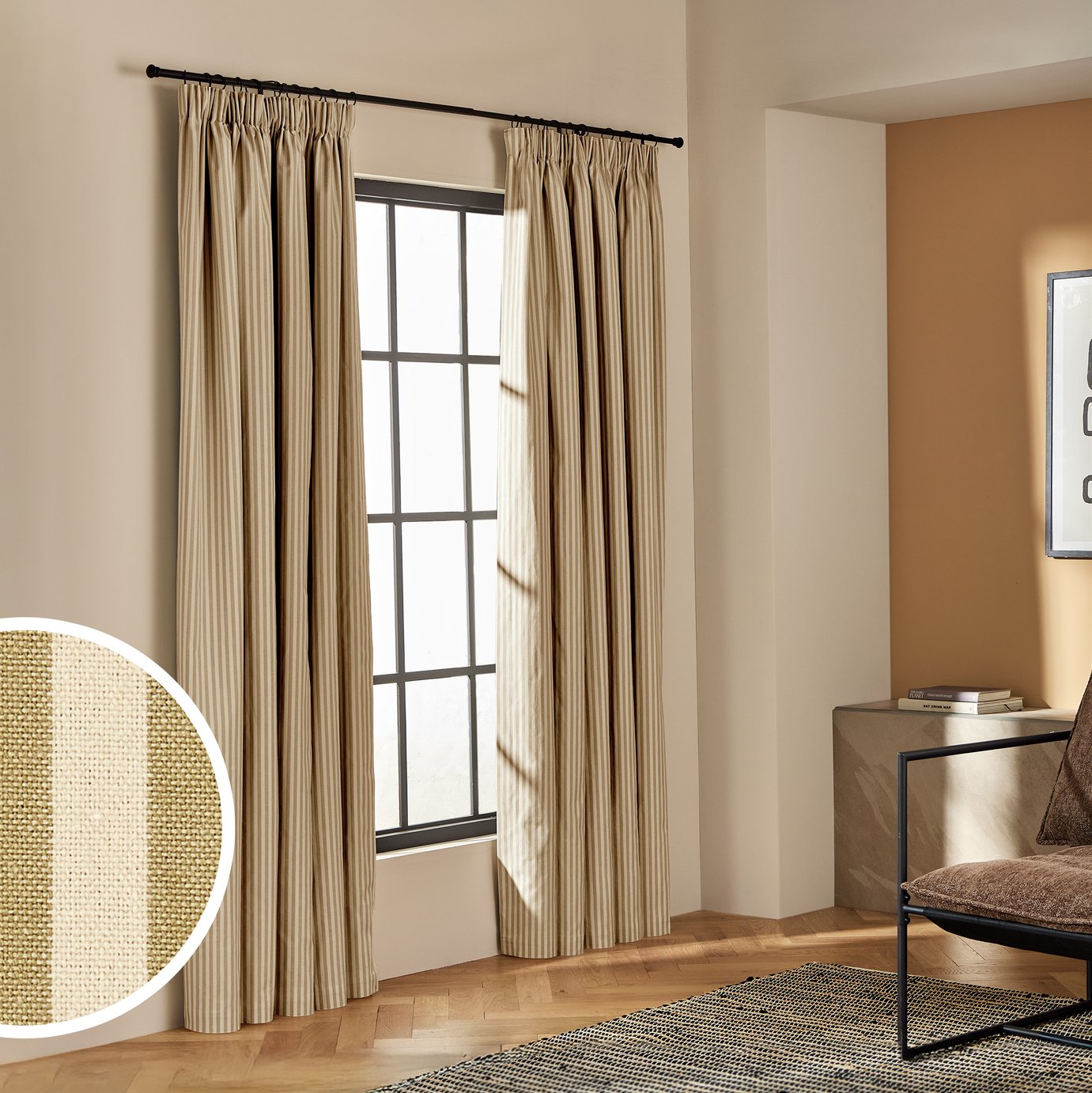 Habitat Blackout Stripe Pencil Pleat Curtains - Olive