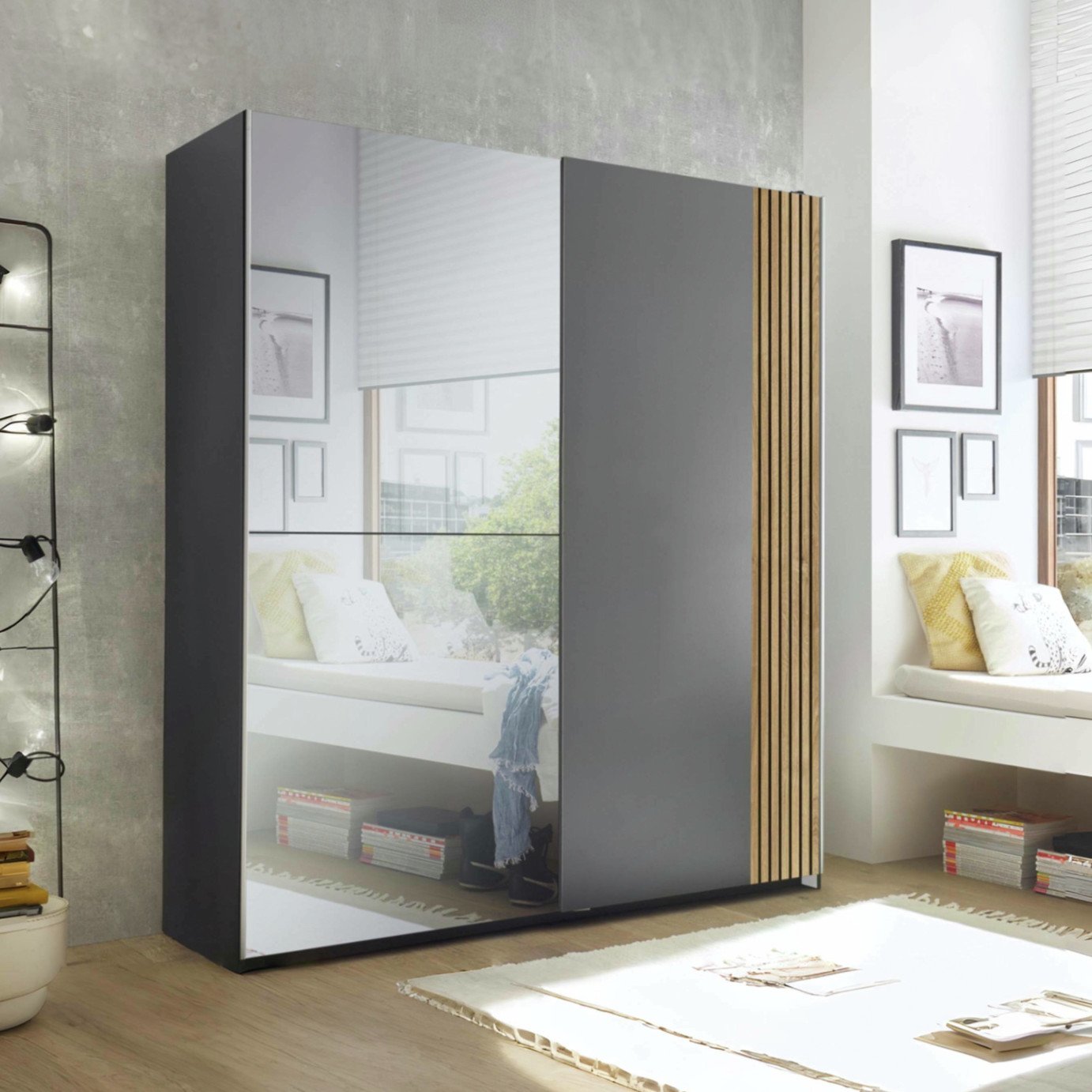 Julian Bowen Berno 2 Door Sliding Mirror Wardrobe - Grey and Oak
