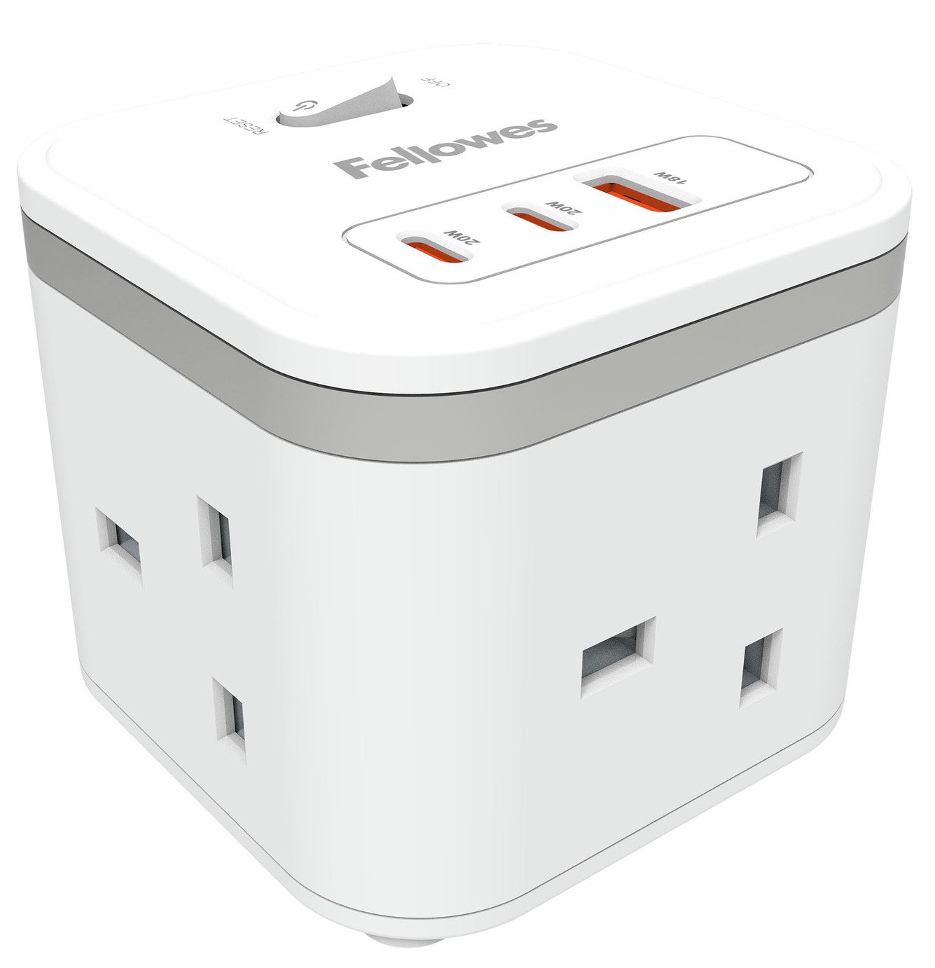 Fellowes 3 Socket 2m USB-A & USB-C Power Cube - White