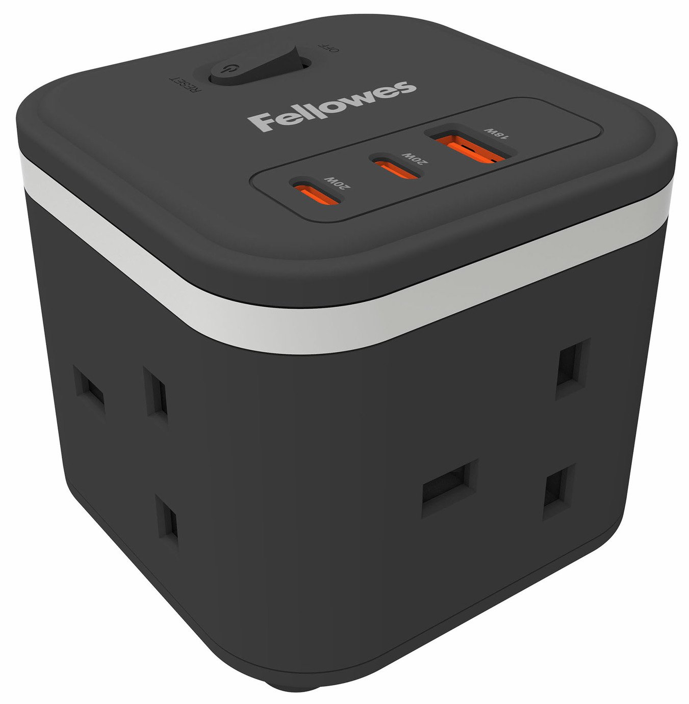 Fellowes 3 Socket 2m USB-A & USB-C Power Cube - Black