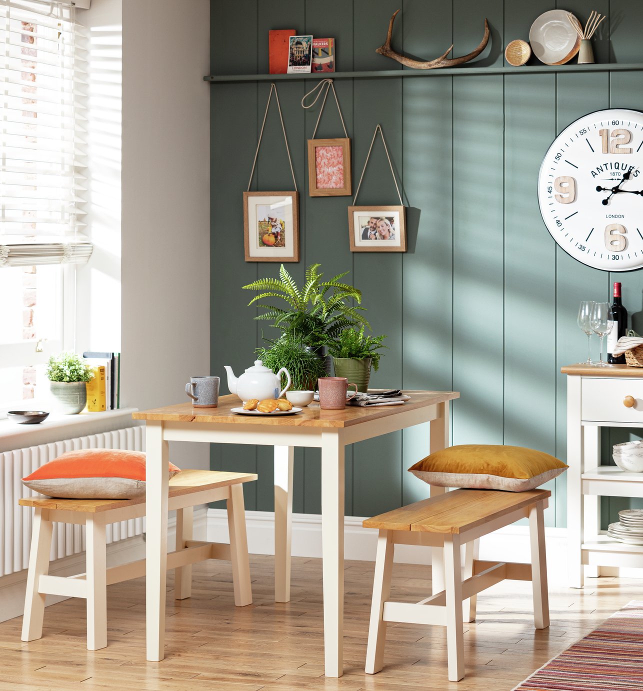 Argos Home Chicago Oak White Dining Table & 2 White Benches