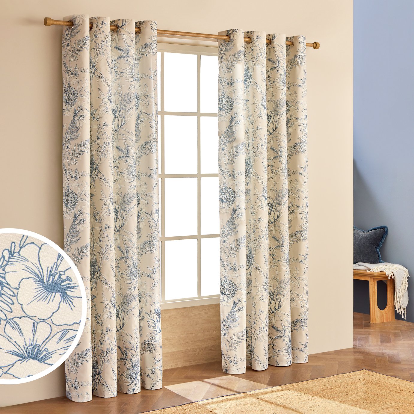 Habitat Botanical Print Eyelet Curtains - Blue