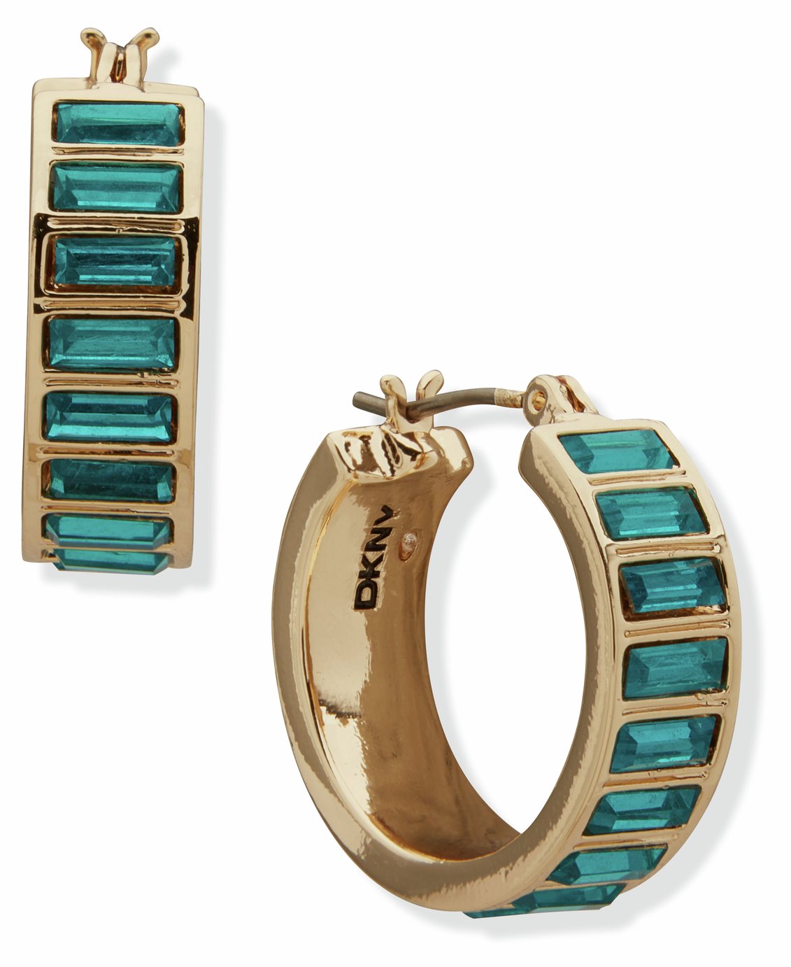 DKNY Gold Tone Teal Baguette Hoop Earrings