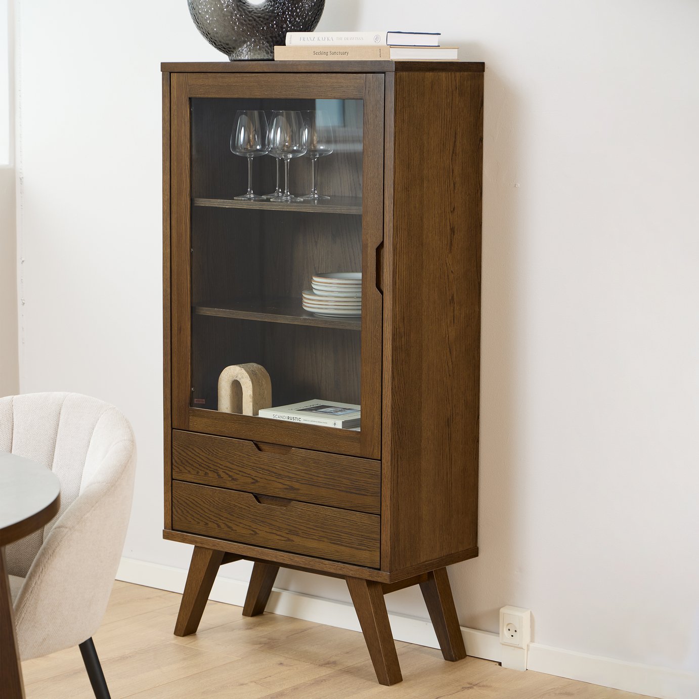 Furniture To Go A-Line 1 Door 2 Drawer Display Cabinet - Walnut