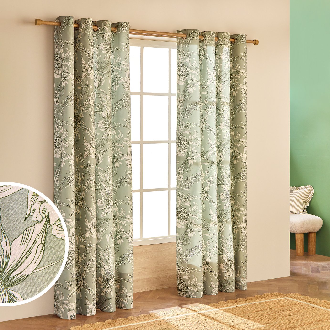 Habitat Botanical Print Eyelet Curtains - Sage