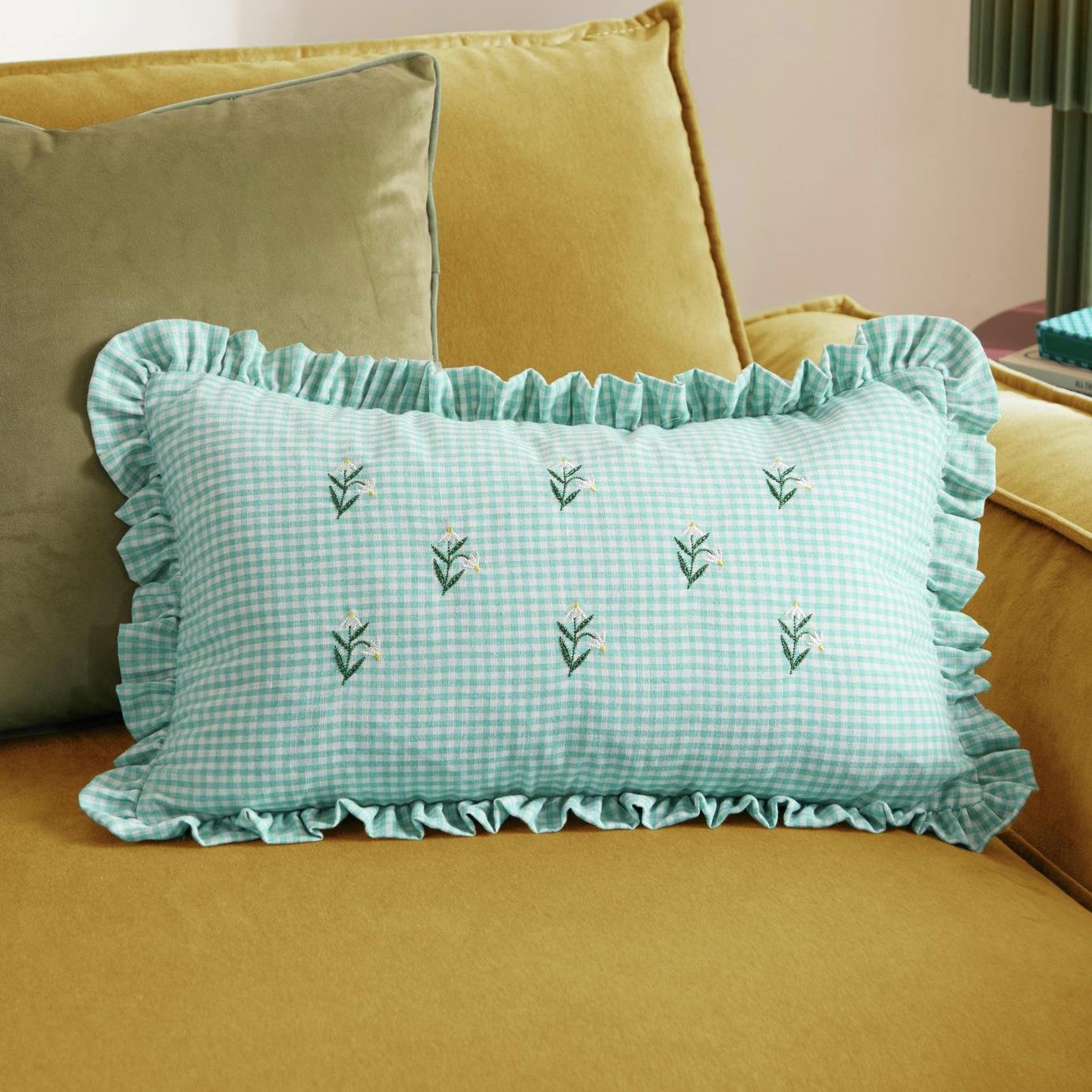 Furn Les Petite Fleurs Gingham Embroidered Cushion Green - 30x50cm