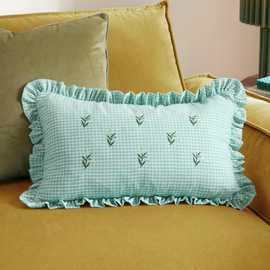 Furn Les Petite Fleurs Gingham Embroidered Cushion Green - 30x50cm