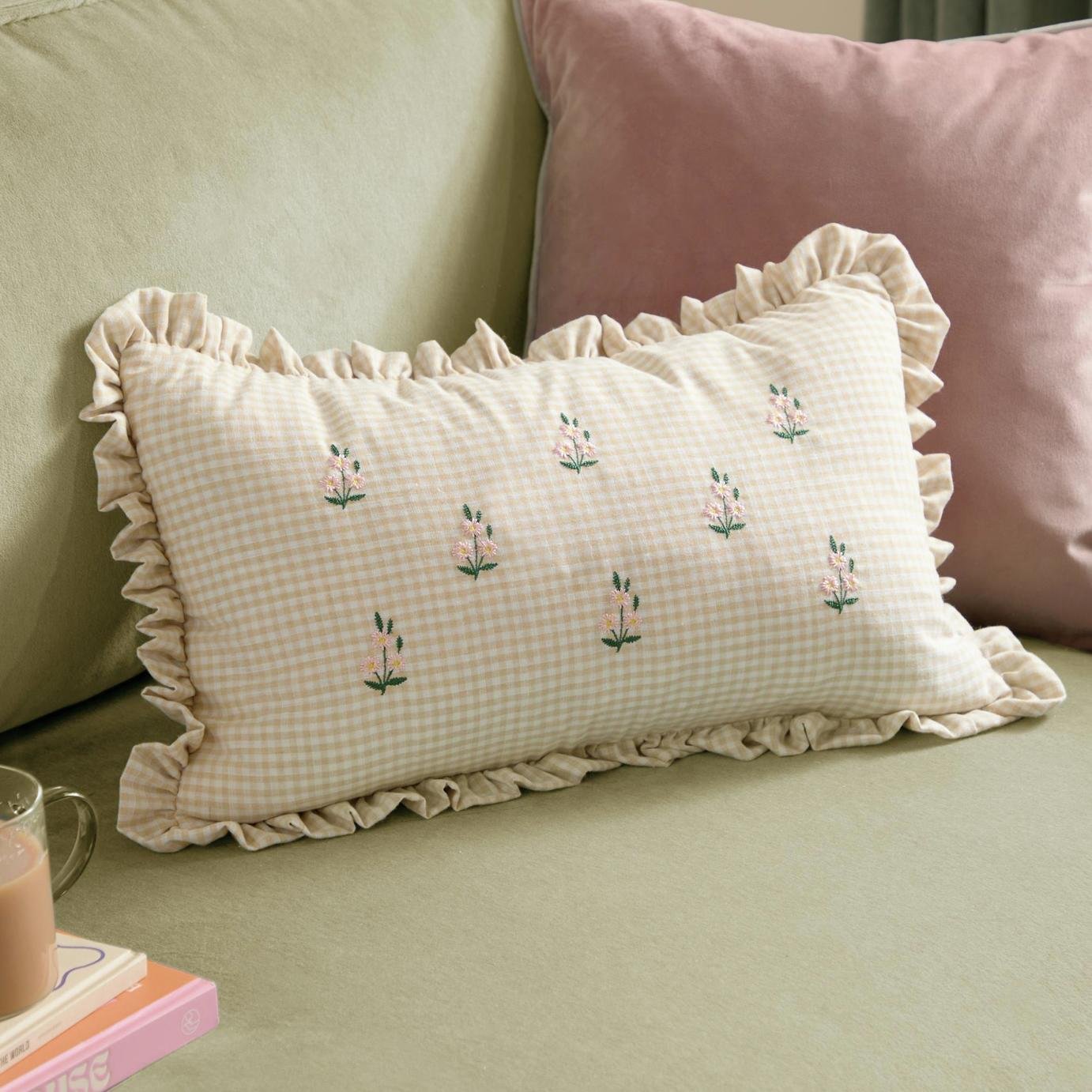 Furn Les Petite Fleurs Gingham Embroidered Cushion Natural - 30x50cm