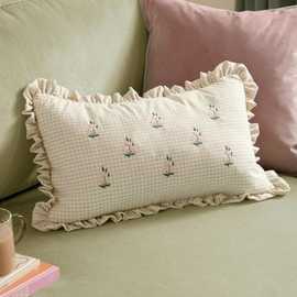 Furn Les Petite Fleurs Gingham Embroidered Cushion Natural - 30x50cm