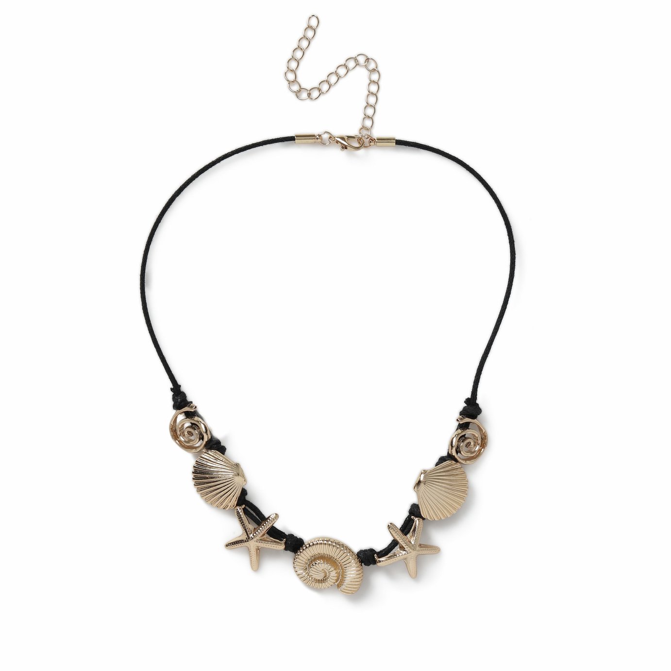 Freedom Gold Tone Shell & Starfish Black Cord Necklace