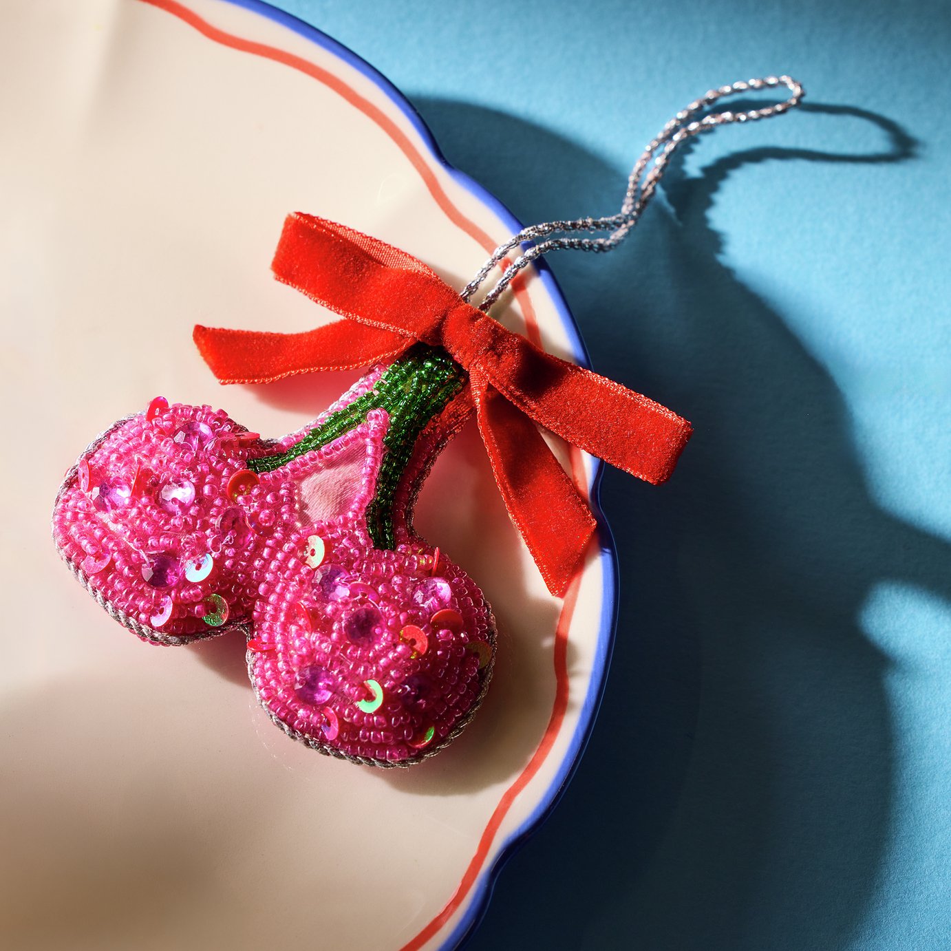 Argos Home Pink Beaded Cherry Hanging Christmas Ornament