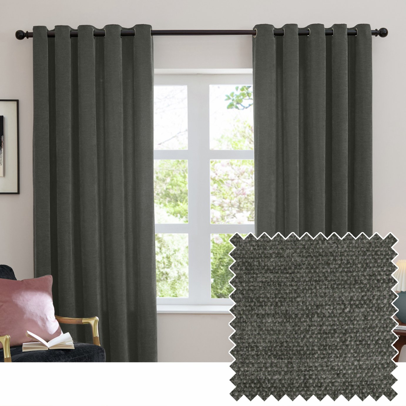 Furn Soft Chenille Blackout Eyelet Curtains - Charcoal