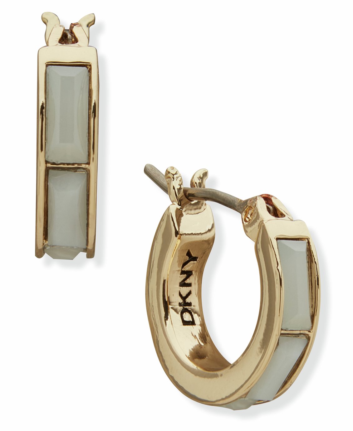 DKNY Gold Tone White Baguette Huggie Earrings
