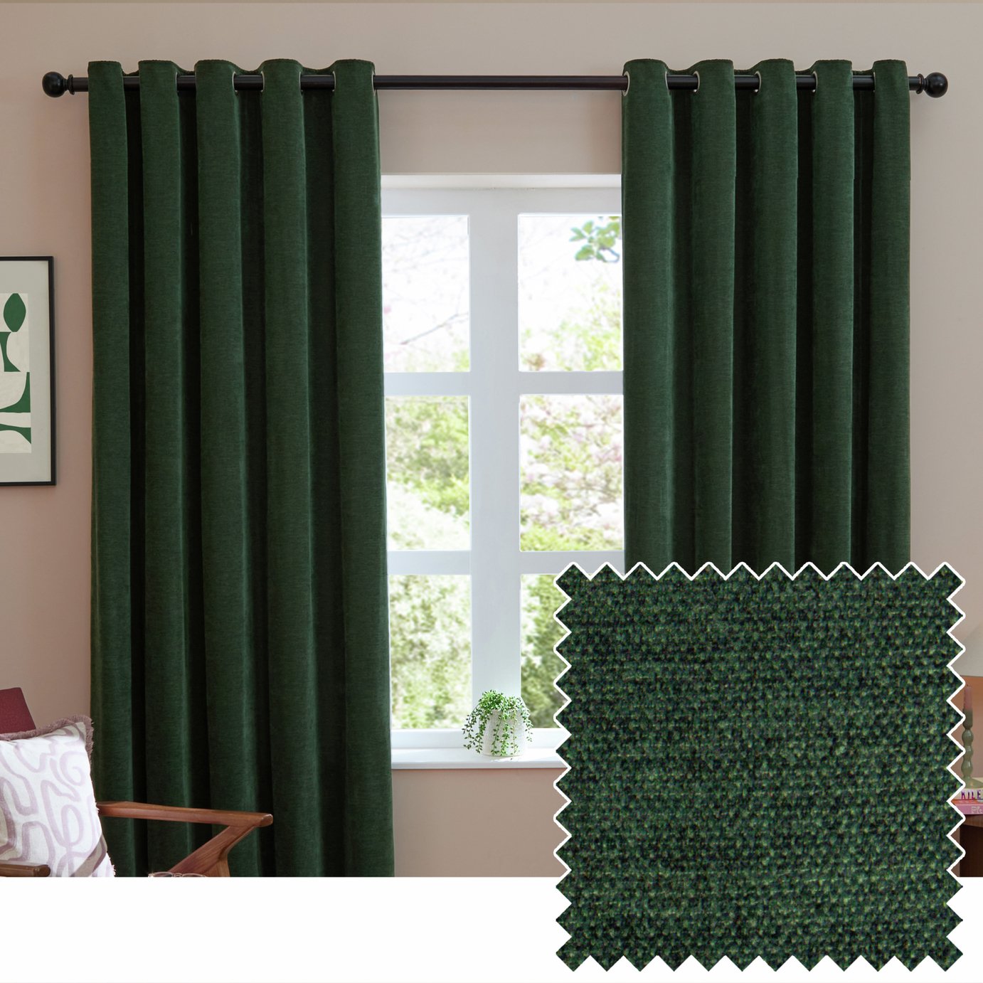 Furn Soft Chenille Blackout Eyelet Curtains - Dark Green