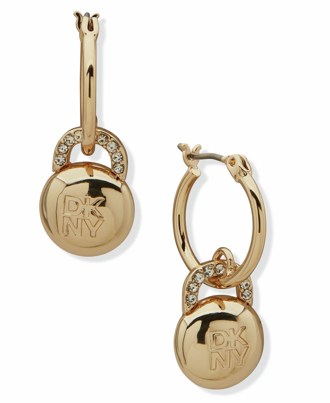 DKNY Gold Tone Pave Logo Lock Drop Earrings