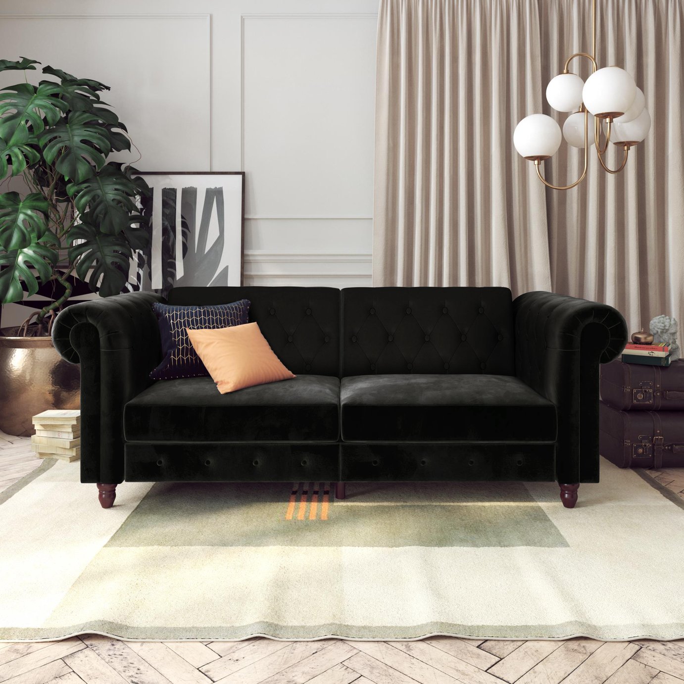 Dorel Felix Chesterfield Velvet Chaise Sofa Bed - Black