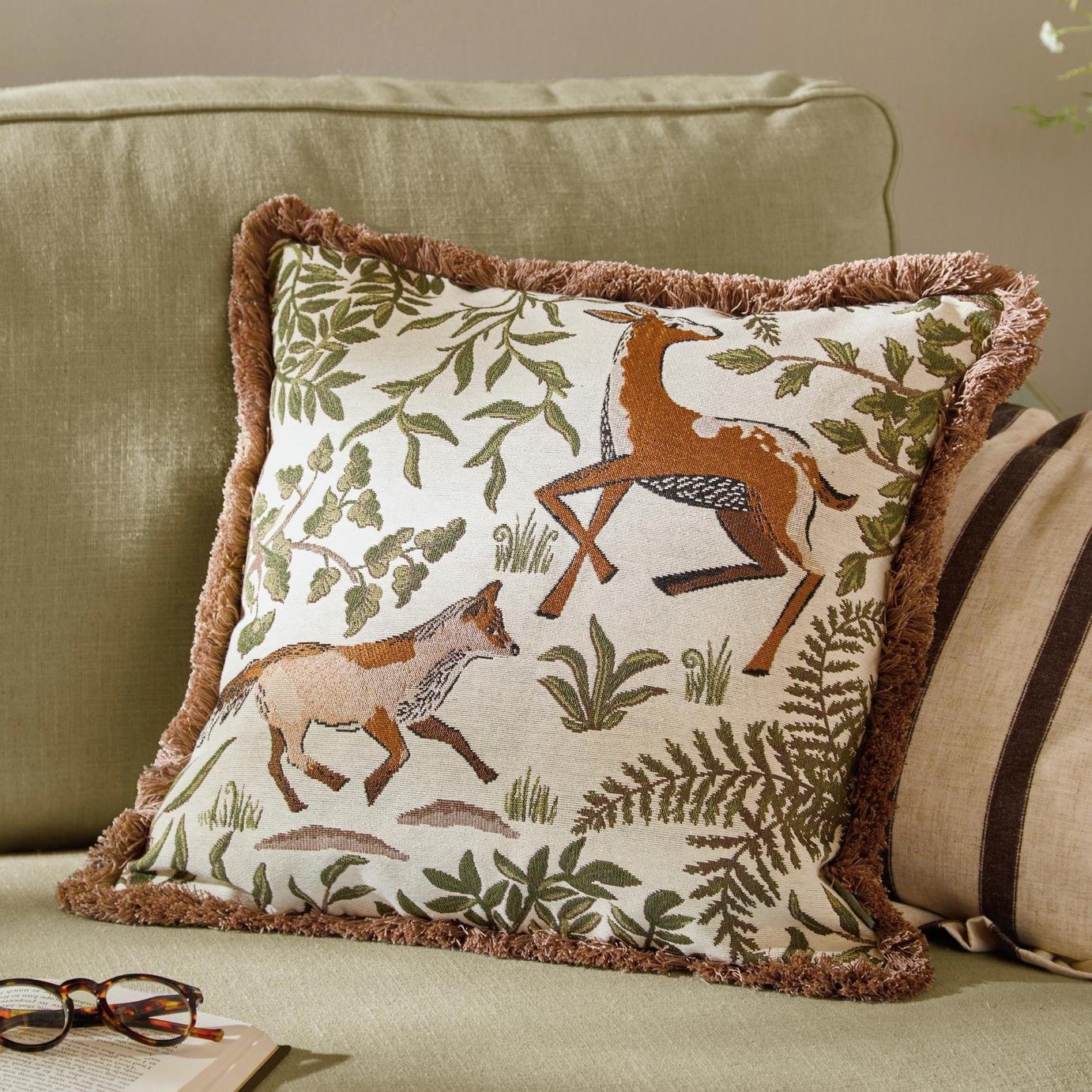Wylder Fable Fox and Deer Embroidered Cushion Green - 45x45cm