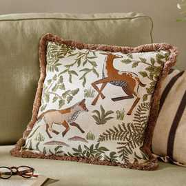 Wylder Fable Fox and Deer Embroidered Cushion Green - 45x45cm