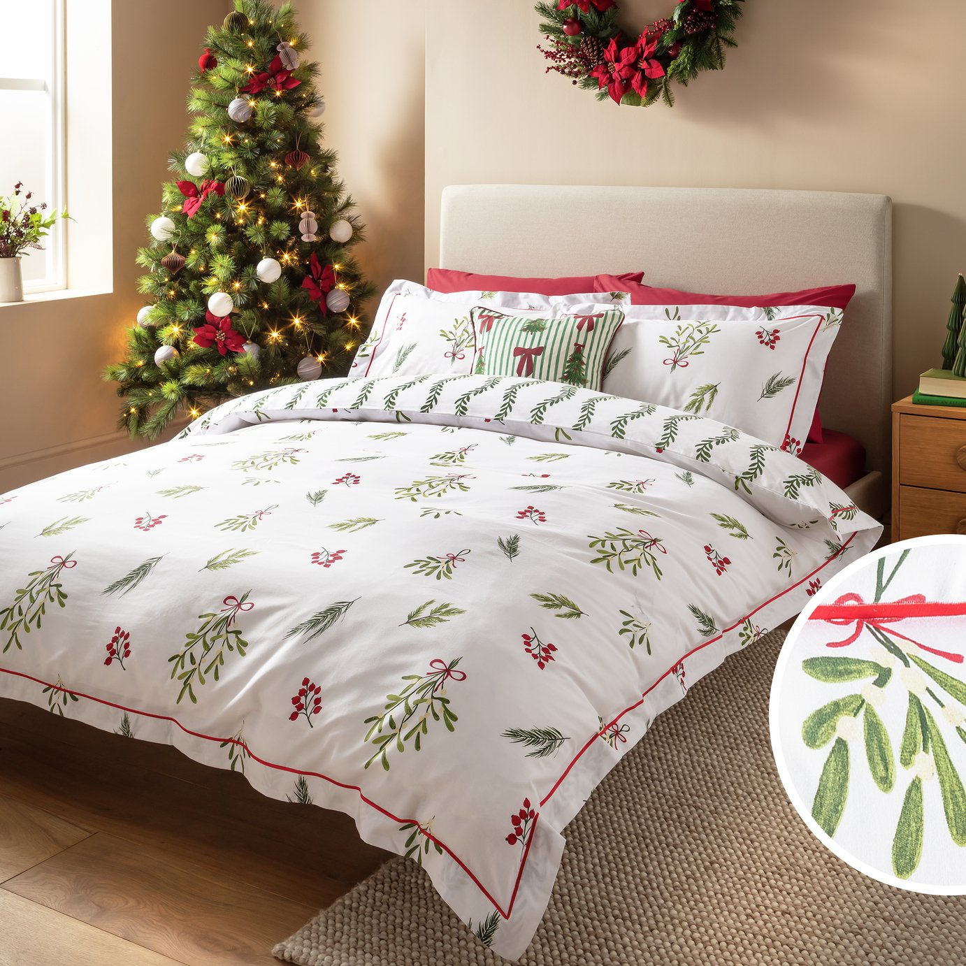 Argos Home Christmas Mistletoe White Bedding Set - Double
