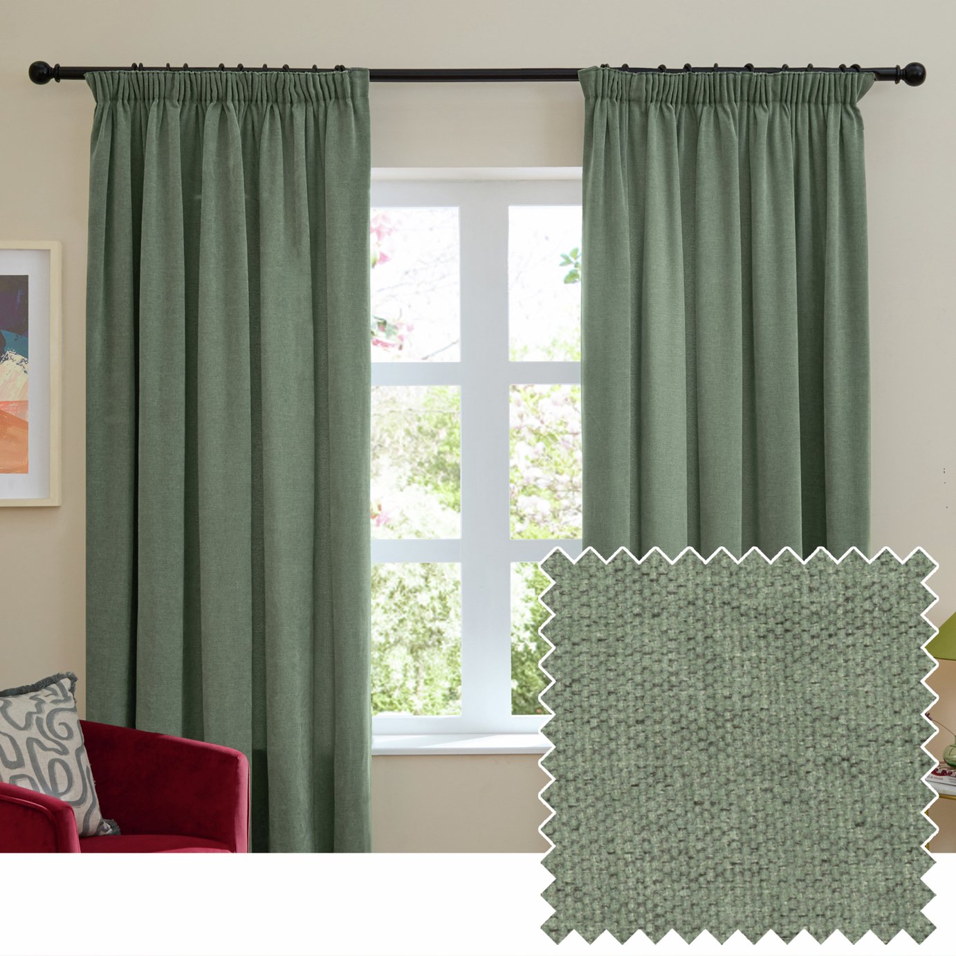 Furn Soft Chenille Blackout Pencil Pleat Curtains - Green