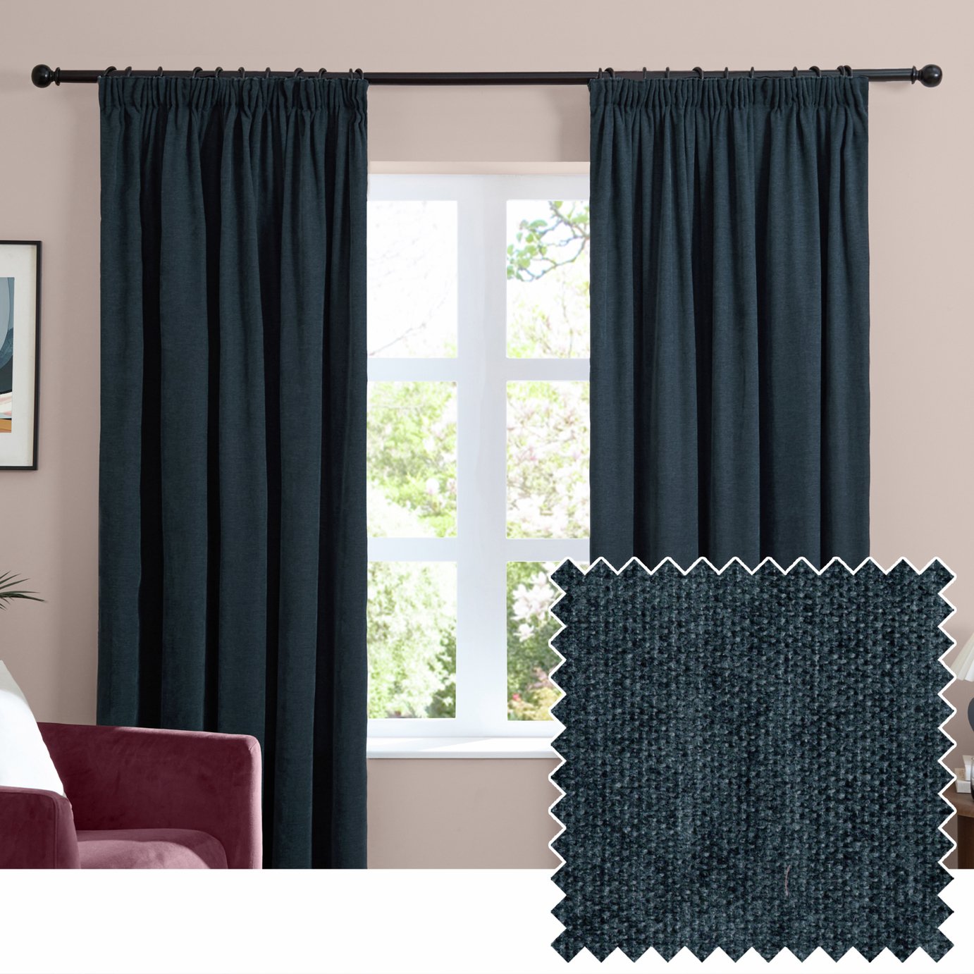 Furn Soft Chenille Blackout Pencil Pleat Curtains - Navy