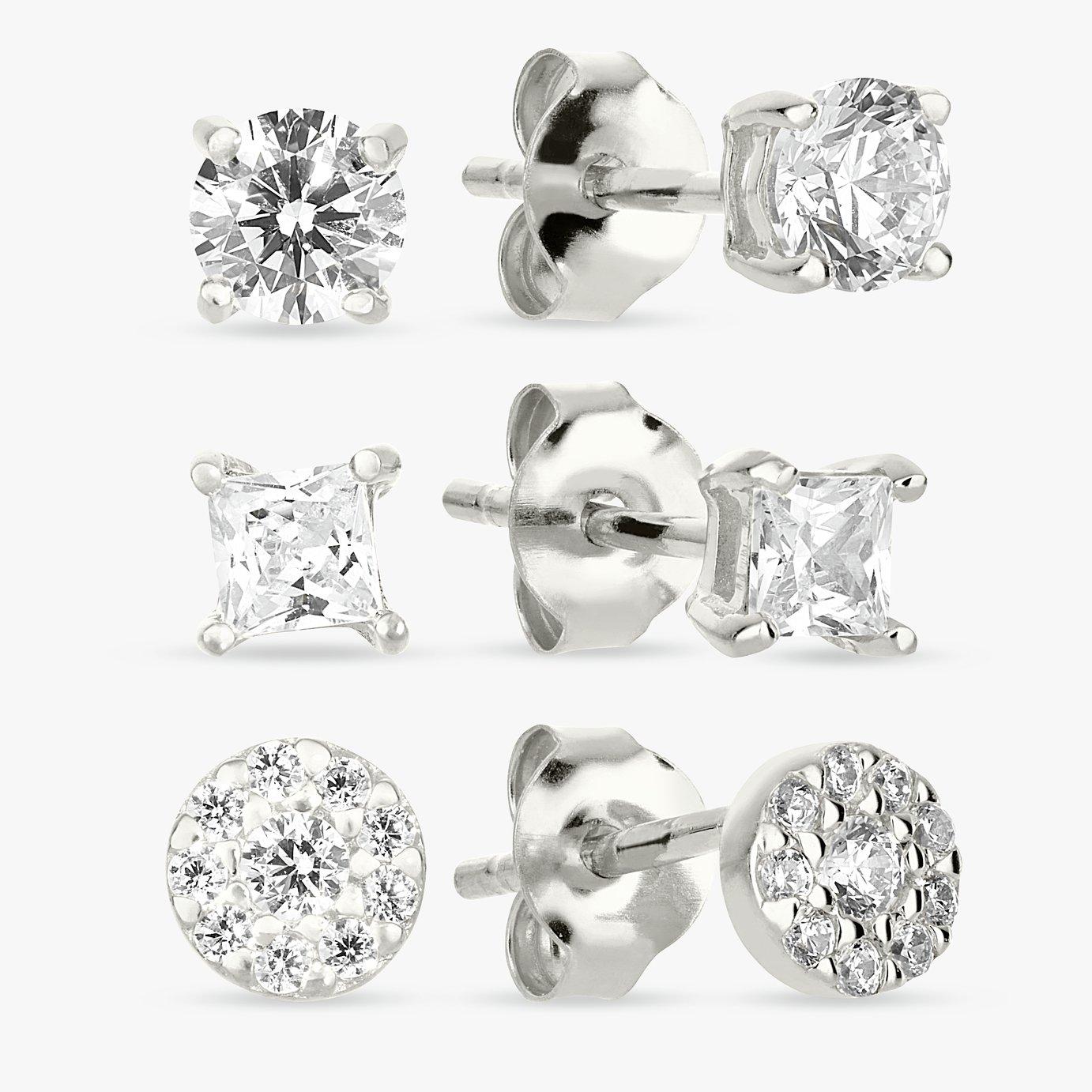 Revere Sterling Silver Square & Round Stud Earrings-Set of 3
