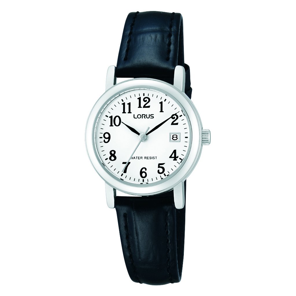 Lorus Ladies White Dial with Date Black Leather Strap Watch