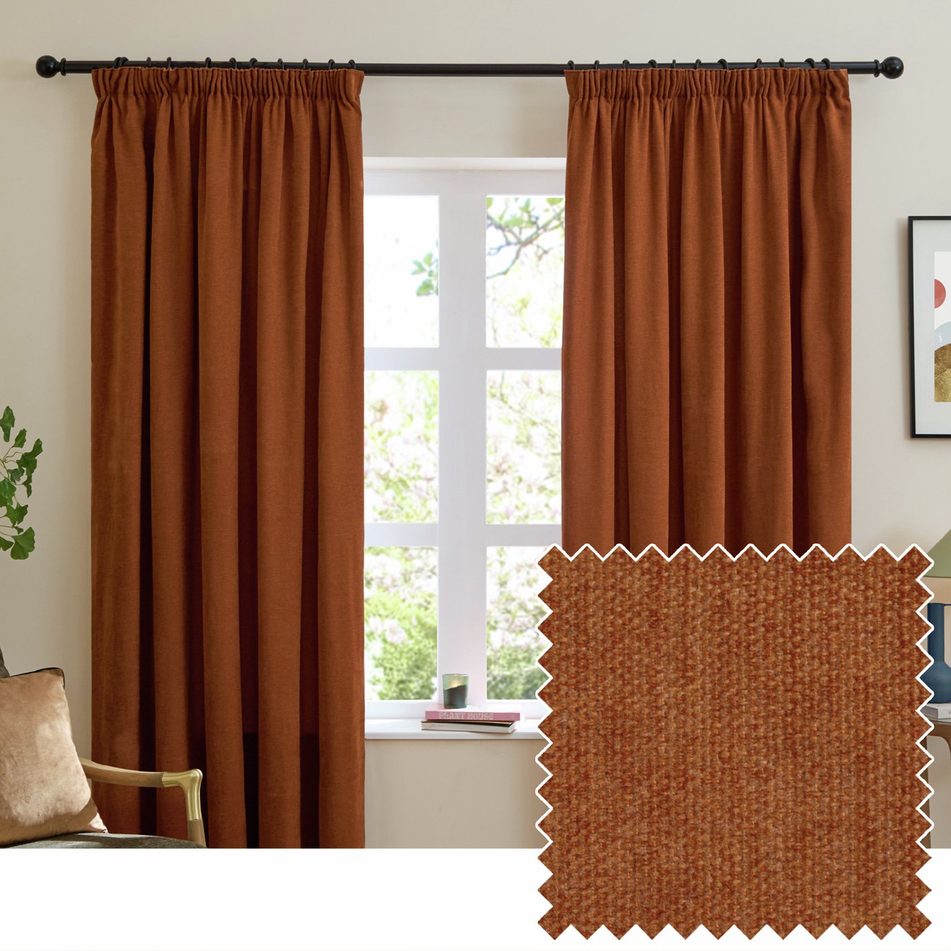Furn Soft Chenille Blackout Pencil Pleat Curtains - Rust - 229x229cm